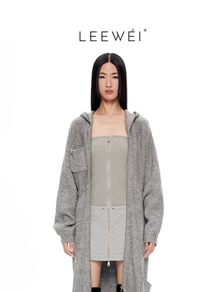 LEE WÉI 连帽拉链长款毛衣外套