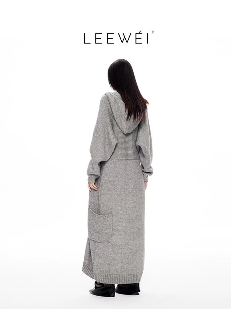 LEE WÉI 连帽拉链长款毛衣外套