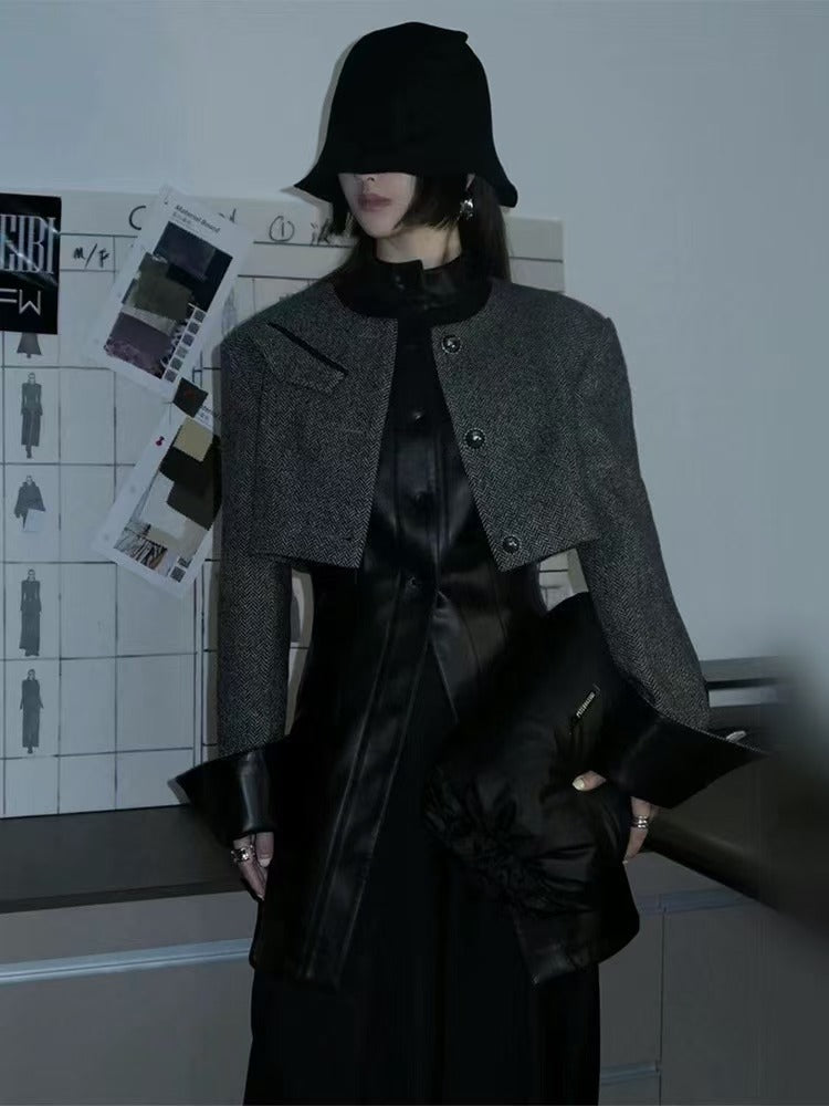 psychobeibi 人字纹环保皮收腰外套