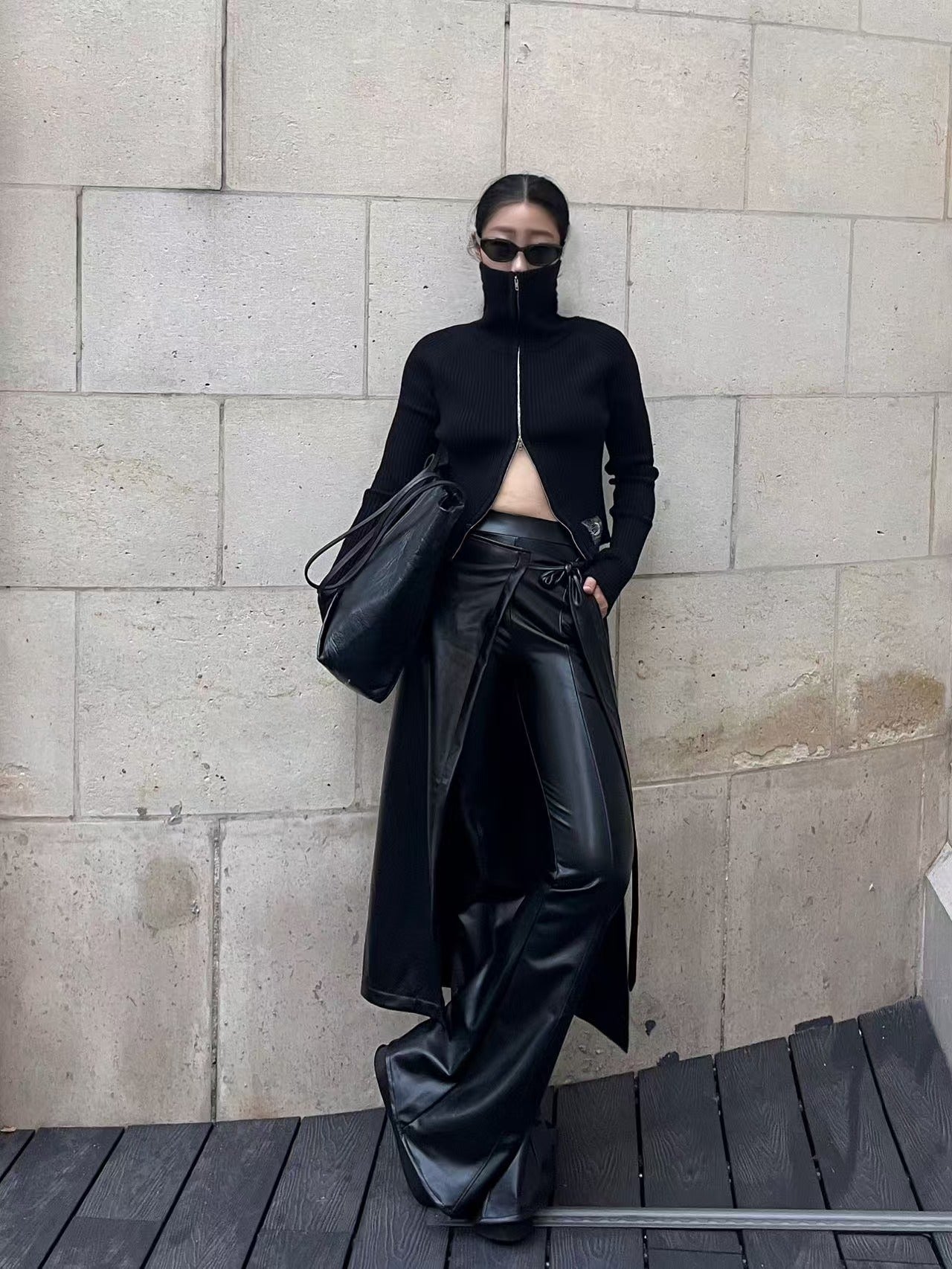 psychobeibi 斜襟直筒环保皮裤