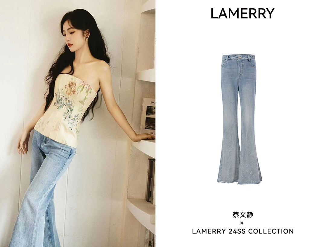 LAMERRY 带钻牛仔阔腿裤