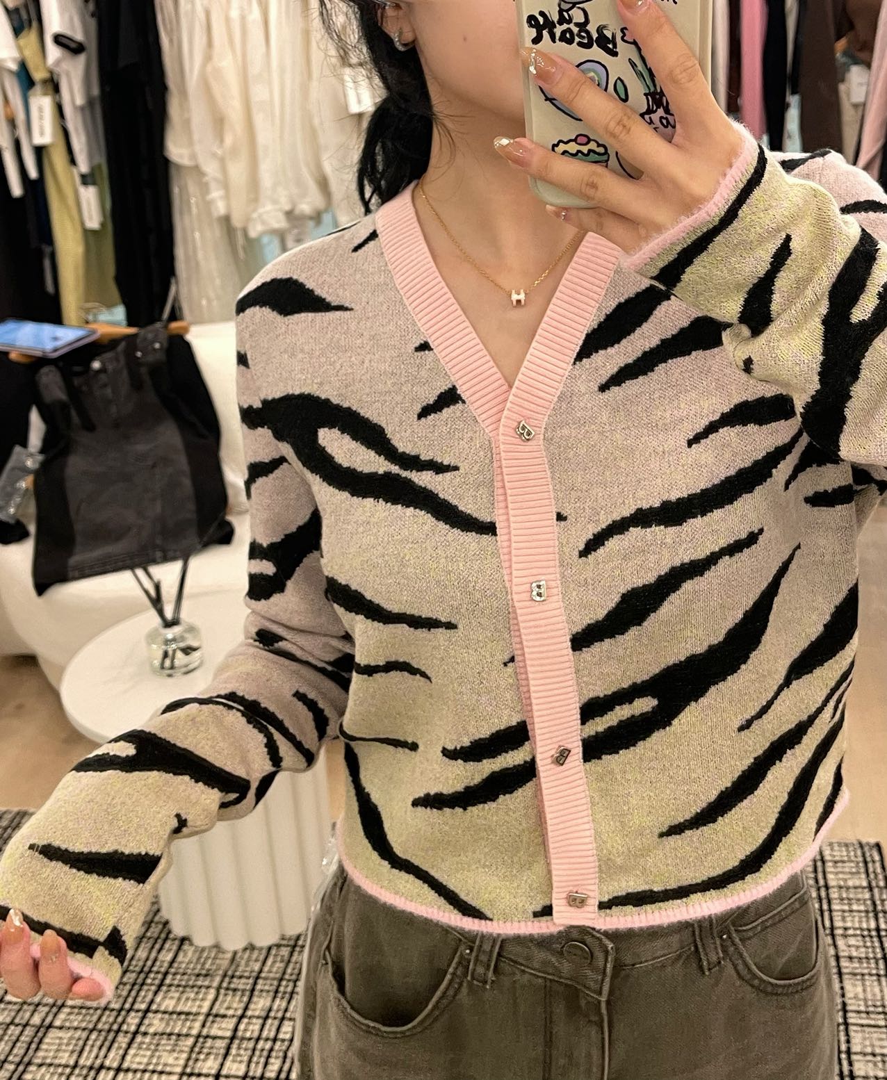 Bandladies 粉色虎纹毛织小开衫