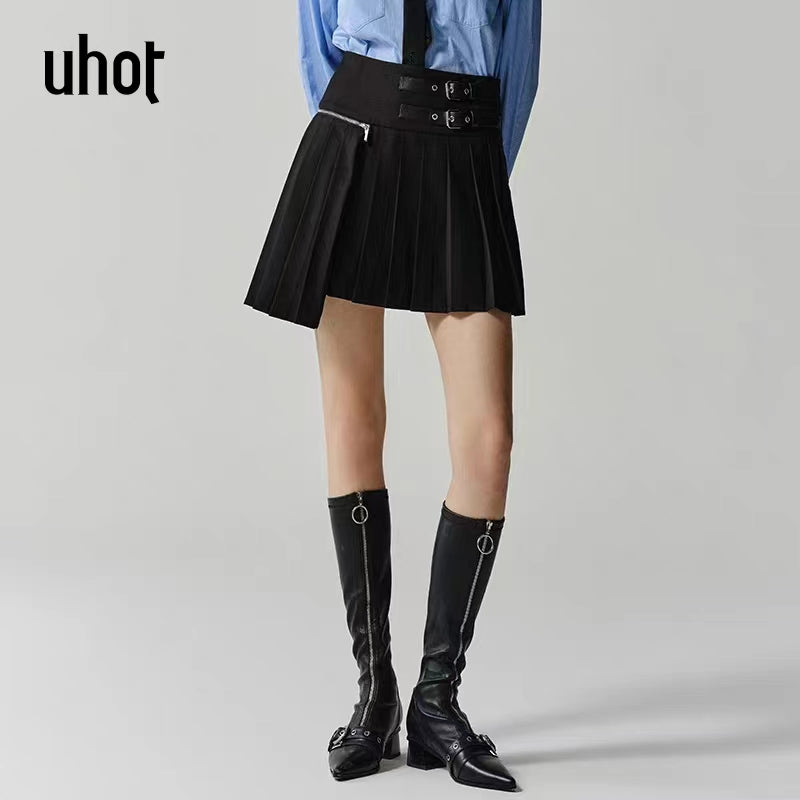 UHOT 黑色皮扣压百褶裙女半身裙 UWSSC1Q010黑色