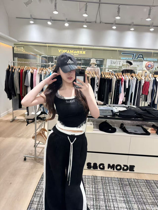 uhot蕾丝双腰头阔腿裤