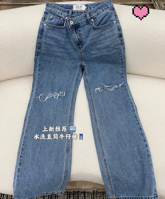 SG MODE 倒三角破洞牛仔裤