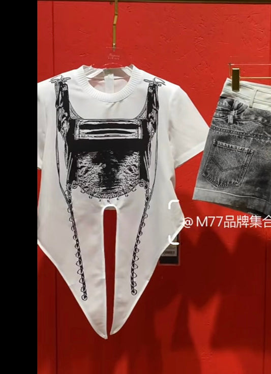 uhot系带白色印花短袖