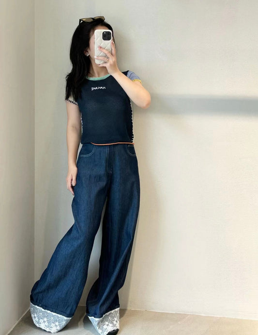 SGMODE蕾丝边深蓝牛仔裤
